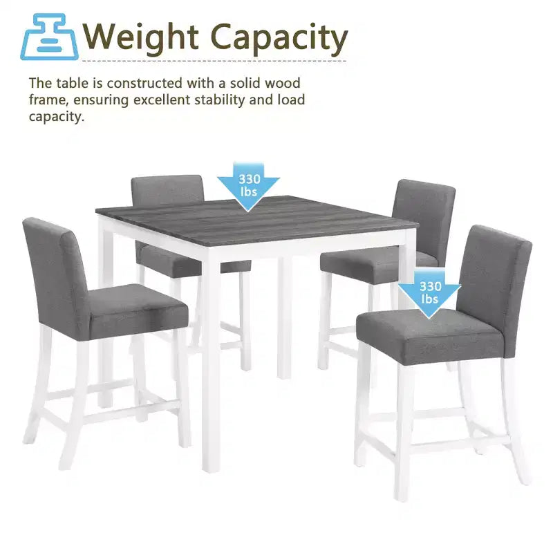Set da pranzo GDFStudio Roseanne, 5 pezzi, moderno, altezza bancone, in legno di gomma, con 4 sedie rivestite in lino