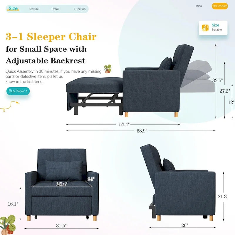 Poltrona divano letto 3 in 1 AECOJOY con cuscino e schienale convertibile