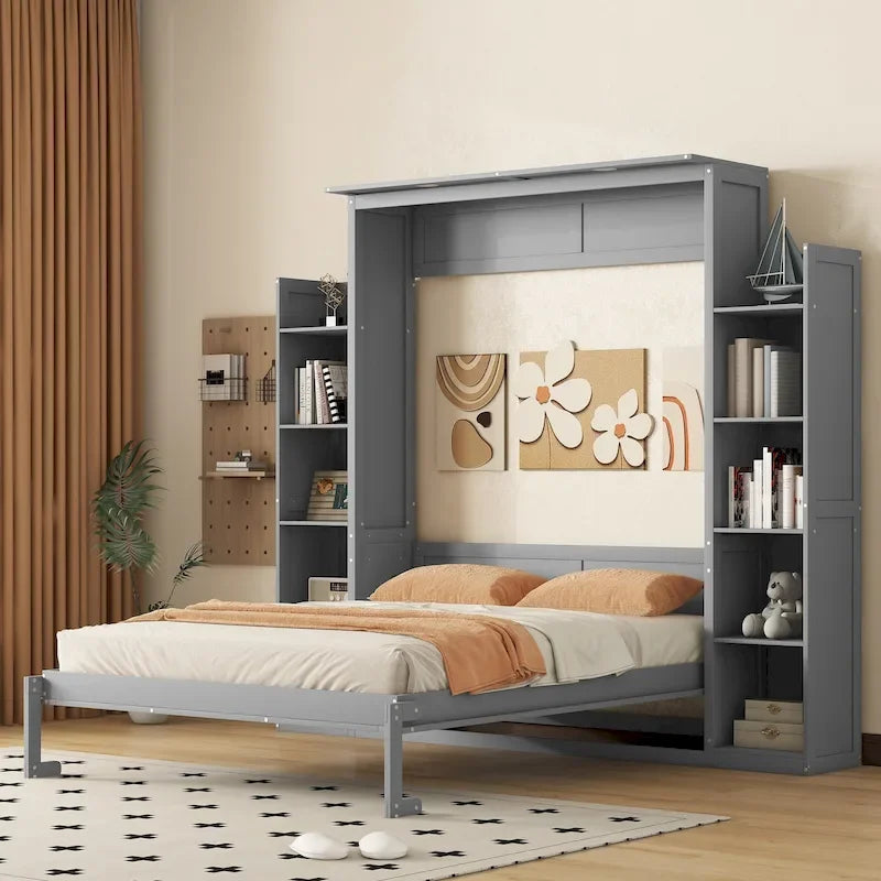 Queen Size Murphy Bed with Shelves and LED Lights Wall Bed for Kids Teens Adults Space-Saving, Easy Assembly