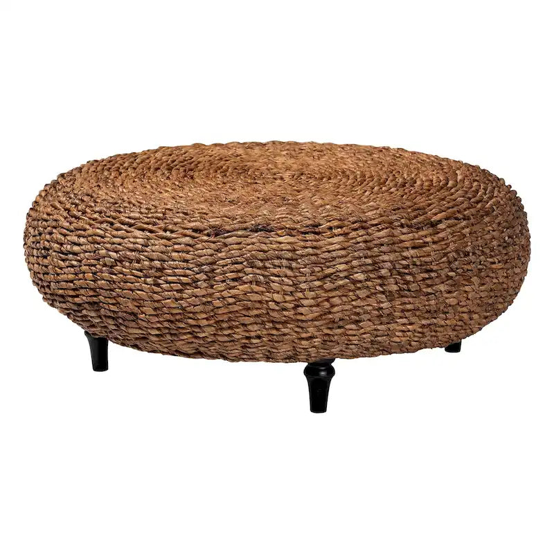 Handwoven Seagrass Coffee Table with Wooden Legs - Natural Wicker Round Living Room Table for Living Room or Bedroom Dcor