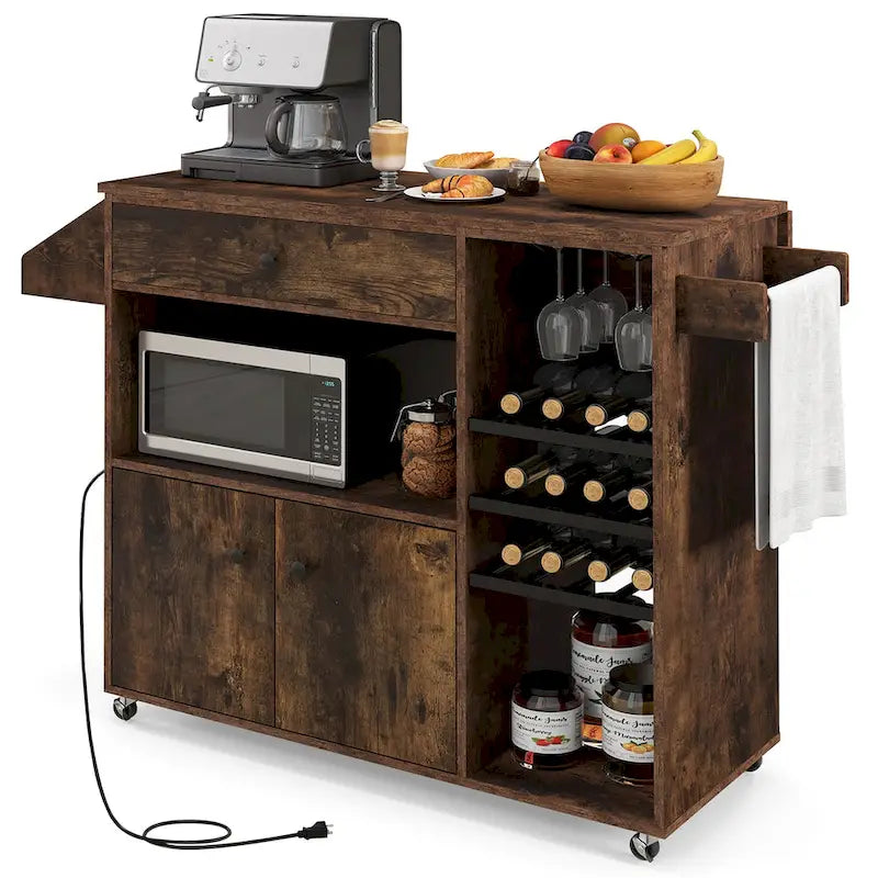 Kitchen Island Cart w/ Drop-Leaf & Power Outlet Microwave Shelf