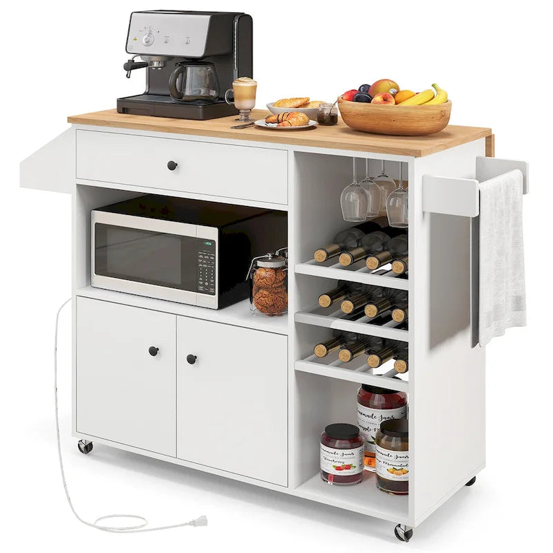 Kitchen Island Cart w/ Drop-Leaf & Power Outlet Microwave Shelf