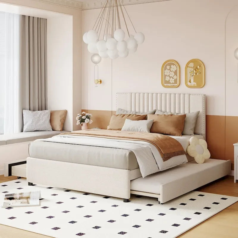 Linen Upholstered Platform Bed Vertical Lines Headboard with Nailhead Trim, Wood Panel Bed Frame 2 Drawers & Trundle Bed