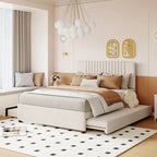 Linen Upholstered Platform Bed Vertical Lines Headboard with Nailhead Trim, Wood Panel Bed Frame 2 Drawers & Trundle Bed