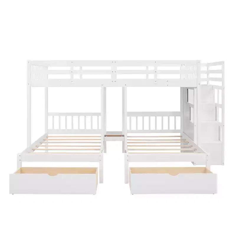 Lit superposé Whisen avec lit double au-dessus de deux lits une place, lit superposé triple en bois avec tiroirs et barrières de sécurité
