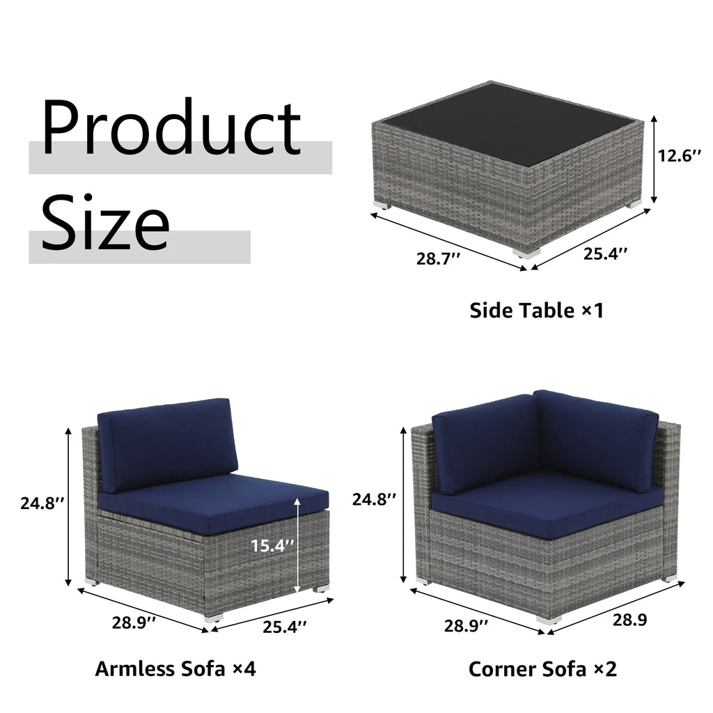 Ensemble de canapé modulaire d’extérieur rembourré en osier et acier, 7 pièces