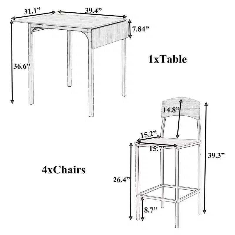 Ensemble Whisen de table à manger de ferme de 5 pièces avec rallonge rabattable, hauteur comptoir, et chaises de salle à manger