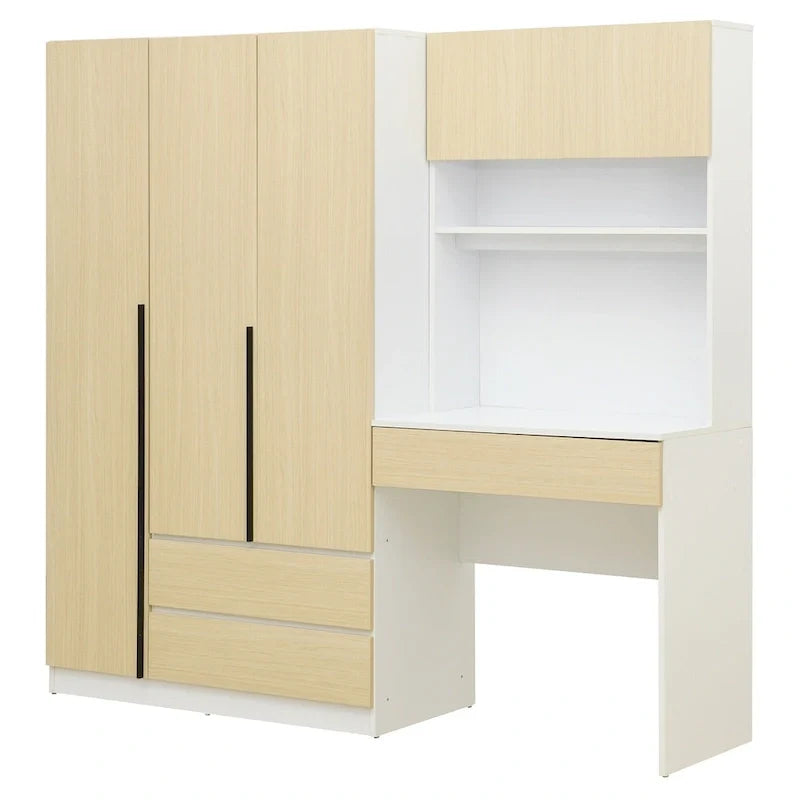 Armoire 3-en-1 avec coiffeuse, ensemble bureau, armoire de chambre avec 2 tiroirs, 3 portes et espace de rangement