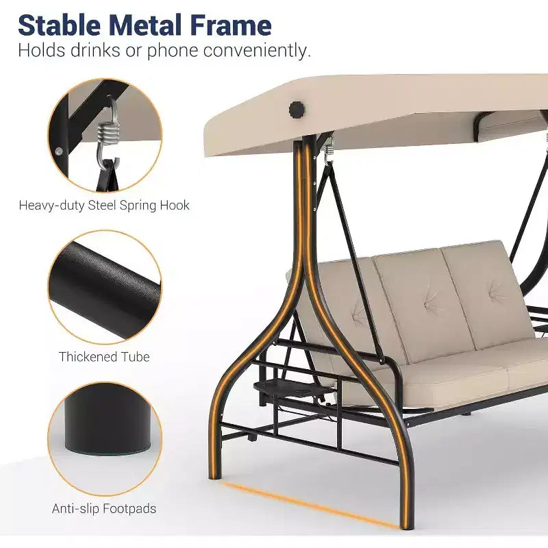 Altalena da esterno convertibile 2-in-1 a 3 posti con tettuccio regolabile, letto-altalena da patio con supporto, cuscini spessi e portabicchieri, per cortile, giardino e veranda