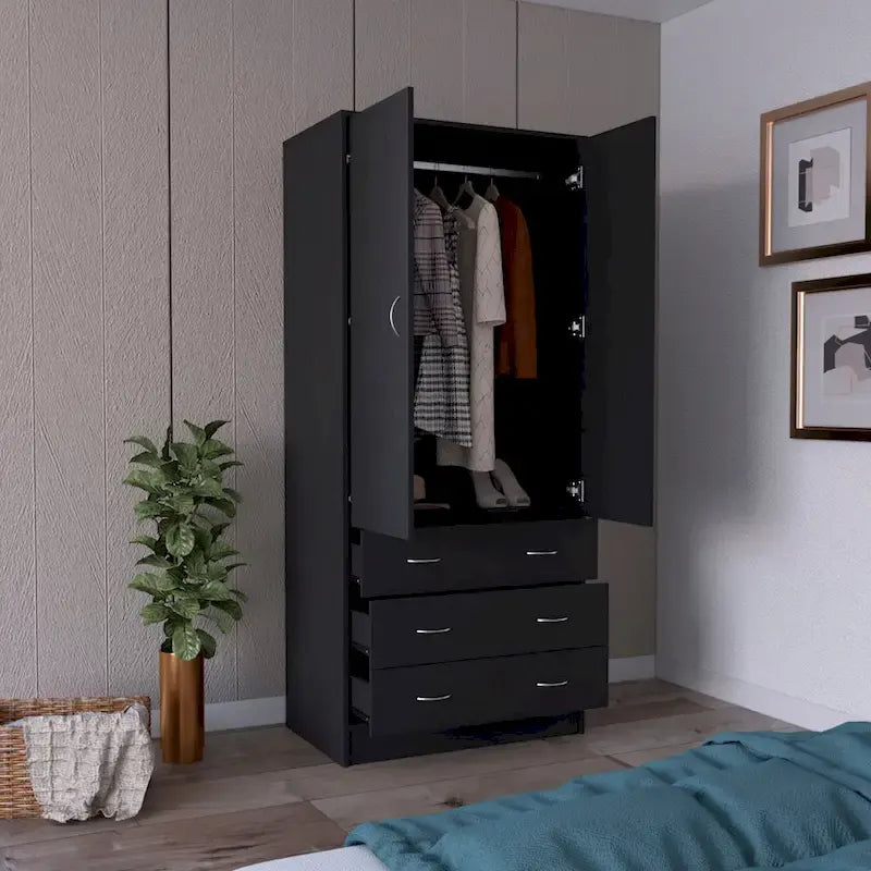 Armoire moderne à deux portes avec 3 tiroirs et 1 tringle pour chambre