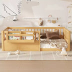 Lit cabane Montessori simple en bois Bellemave pour enfants, avec barrière surélevée et bibliothèque, pour filles et garçons