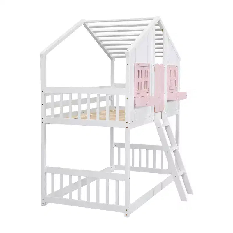 Letto a soppalco matrimoniale singolo a forma di casetta, letto rialzato in legno tipo casetta con scaletta e sponde di sicurezza per bambini