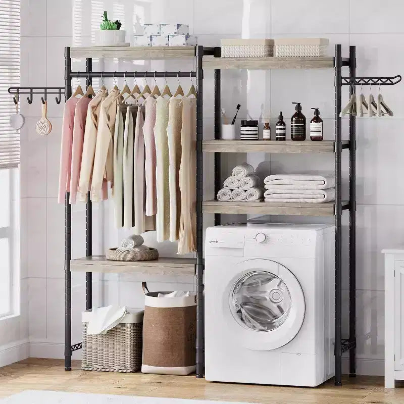 Scaffale sopra lavatrice, scaffale portaoggetti a 5 ripiani per asciugatrice con altezza regolabile, scaffale da bagno salvaspazio per bagno e lavanderia