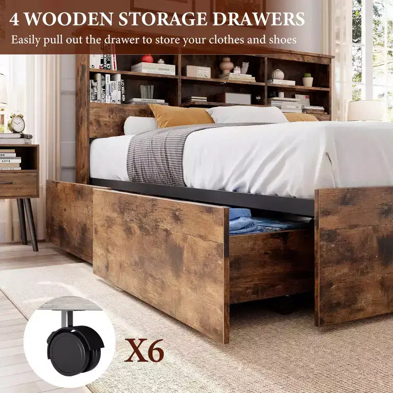 Eenpersoonsbedframe met opberghoofdbord, houten bedframe met 4 laden, boekenkast voor opbergruimte en kingsize platformbed met stevige metalen ondersteuning