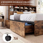 Eenpersoonsbedframe met opberghoofdbord, houten bedframe met 4 laden, boekenkast voor opbergruimte en kingsize platformbed met stevige metalen ondersteuning