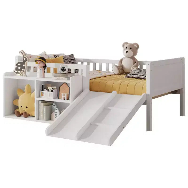 Cadre de lit mezzanine bas Whisen 1 place pour enfants avec toboggan, bibliothèque de rangement mobile et barrières de sécurité
