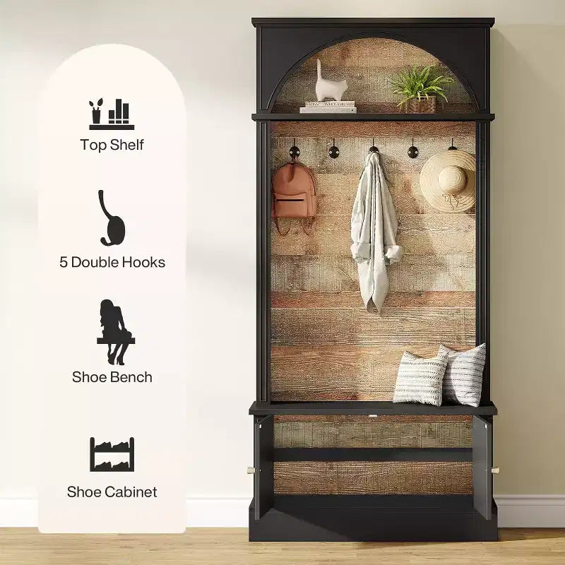 Lantine 70,86 Meuble d’entrée avec banc, rangement 4-en-1 pour l’entrée : porte-manteau, étagère à chaussures et banc de vestiaire pour couloir