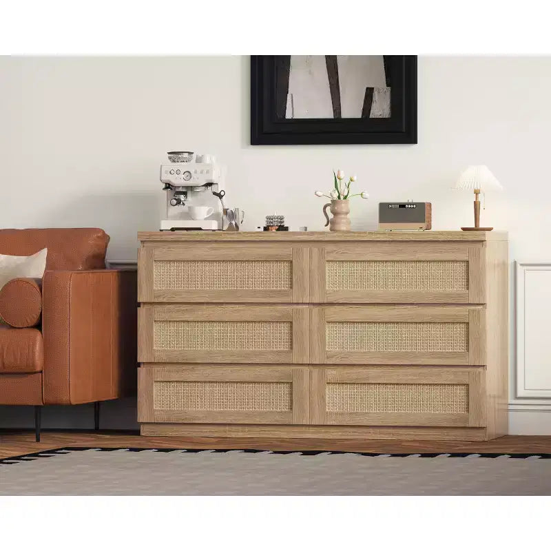 Cassettiera in rattan per camera da letto con 6 cassetti, cassettiera larga moderna in stile rustico da 47 pollici, mobile contenitore in legno per organizzare armadio, soggiorno e corridoio