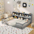 Letto a pavimento Montessori Twin/Full con libreria, ripiani contenitore e sponde di sicurezza, bianco/grigio