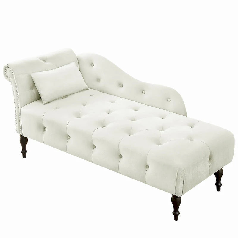Chaise longue moderna da 60,6" in velluto con bottoni trapuntati, gambe in legno massello e borchie decorative