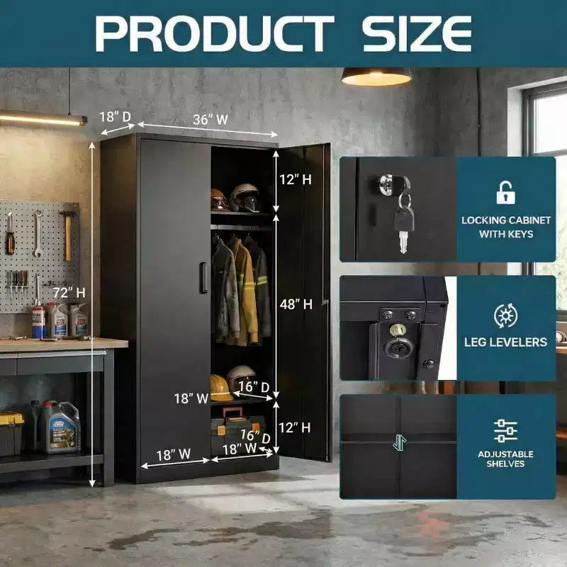 Armoire-penderie en acier robuste de 72 po avec serrure, armoires de rangement métalliques pour garage, armoire métallique de rangement pour la maison, la chambre, le bureau ou le dressing