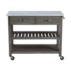 Desserte de cuisine roulante avec plateau en marbre, îlot de cuisine en bois massif avec 2 tiroirs, chariot de cuisine à 3 niveaux avec roulettes amovibles verrouillables et porte-serviettes