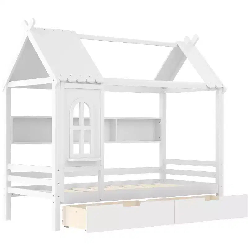 Haus-Hochbett mit Aufbewahrungsschubladen und Fenster, Rahmen aus Massivholz mit Regalen, kindlich-verspieltes Design, helles Weiß
