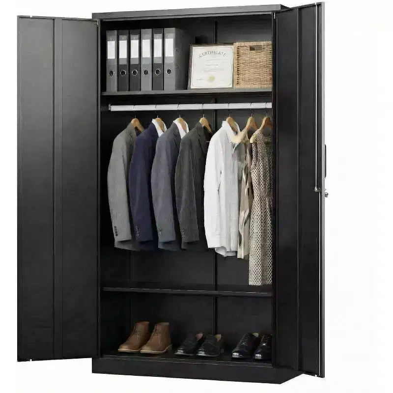 Armoire de 72 po avec serrure, armoires de rangement de garage en métal noir avec étagères réglables et tringle, meuble de rangement en métal pour la maison ou la chambre