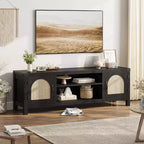 Meuble TV de style bohème de 65 pouces avec porte en rotin – meuble de divertissement en bois avec deux armoires et des étagères réglables, idéal pour les salons
