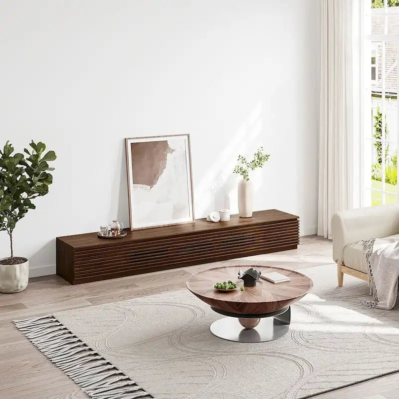 Meuble TV minimaliste avec tiroirs, console multimédia en bois massif avec placards, porte basculante, placage noyer, entièrement assemblée