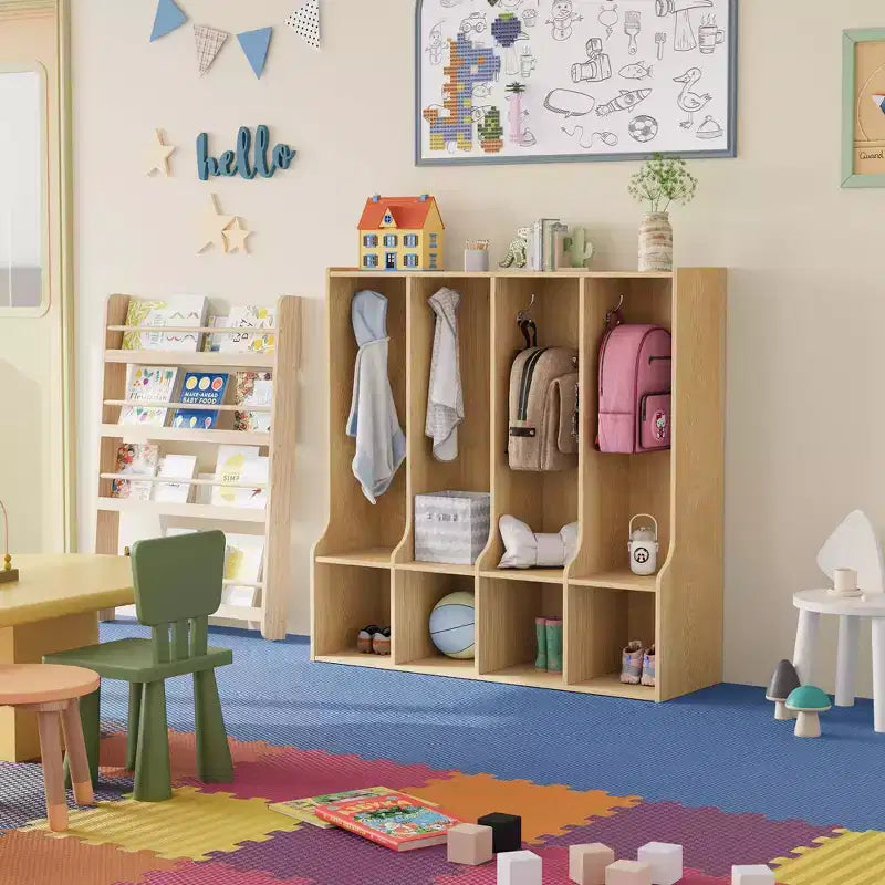 Armadietto componibile marrone e bianco a 4 vani con 8 ganci, per bambini