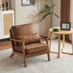 Poltrona d’accento imbottita in misto lino con gambe in legno e un cuscino, beige