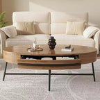 Table basse ovale Acekool avec tiroir, table de rangement en bois de 47,2 avec pieds en métal croisés, table centrale moderne du milieu du siècle en finition bois naturel et saule doré