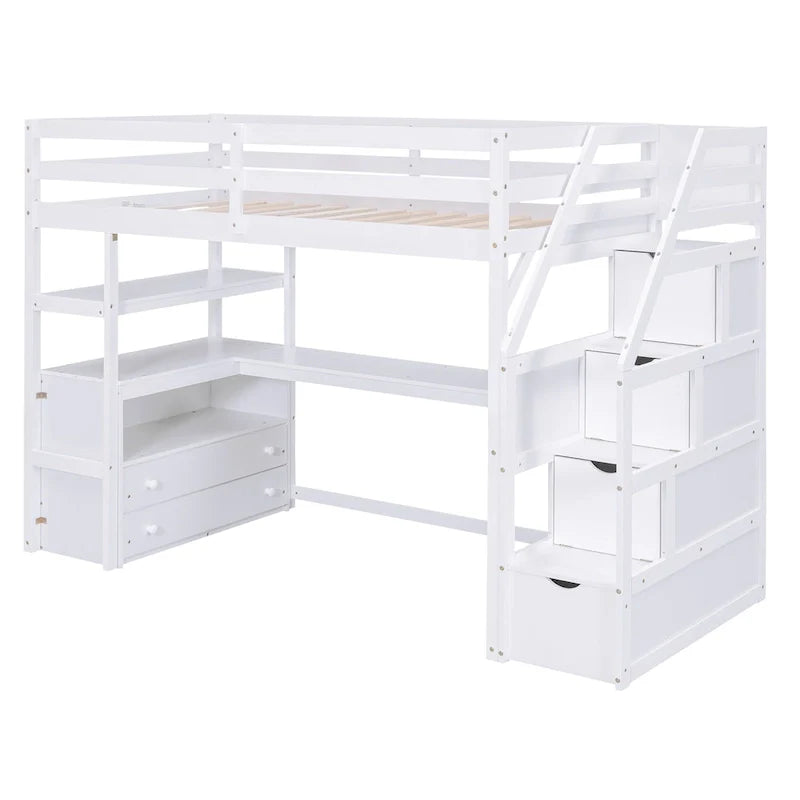 Lit mezzanine une place avec bureau et étagères, deux tiroirs intégrés et escalier de rangement