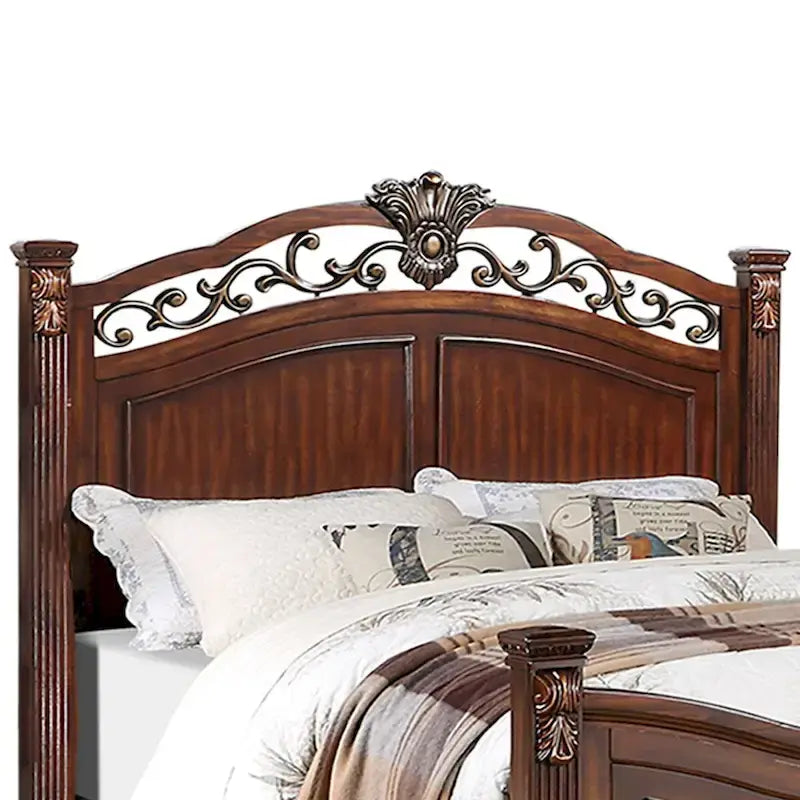Letto in legno con testiera lavorata color ciliegio scuro