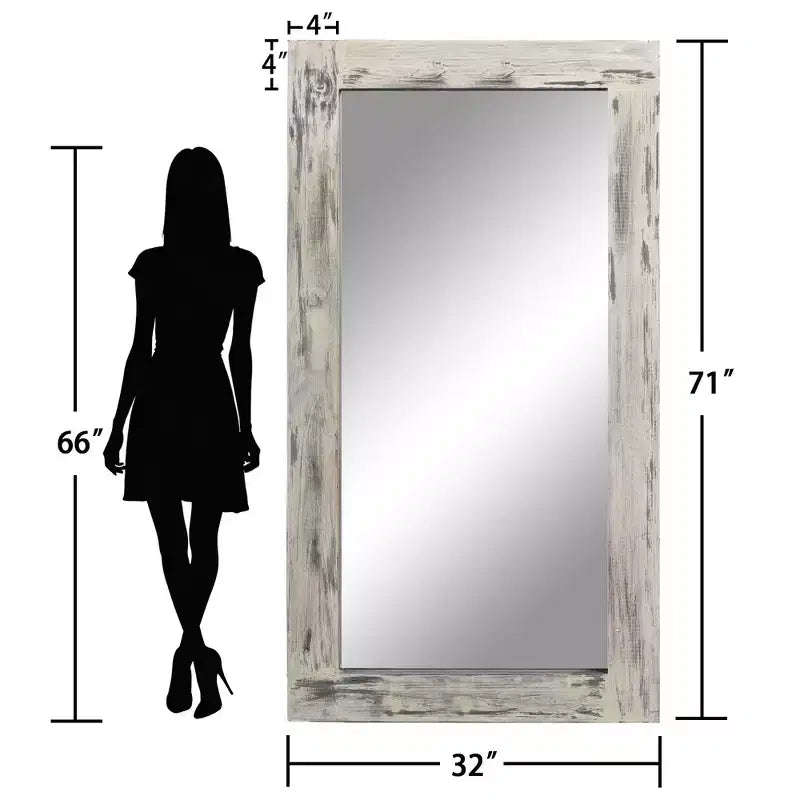 Specchio a figura intera rettangolare ad angolo retto da 71 x 31 pollici in legno massello marrone effetto usato (senza staffa)