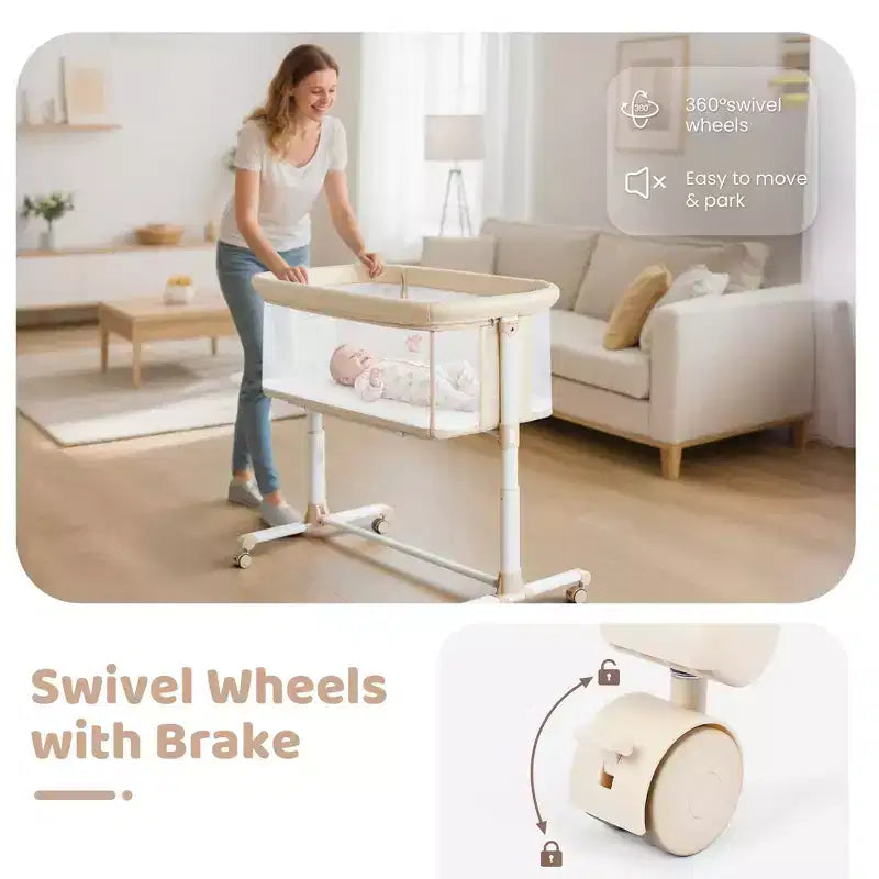 Baby Bassinet with Wheels ??Beige / Gray / Pink, Bedside Sleeper, for 1 Baby
