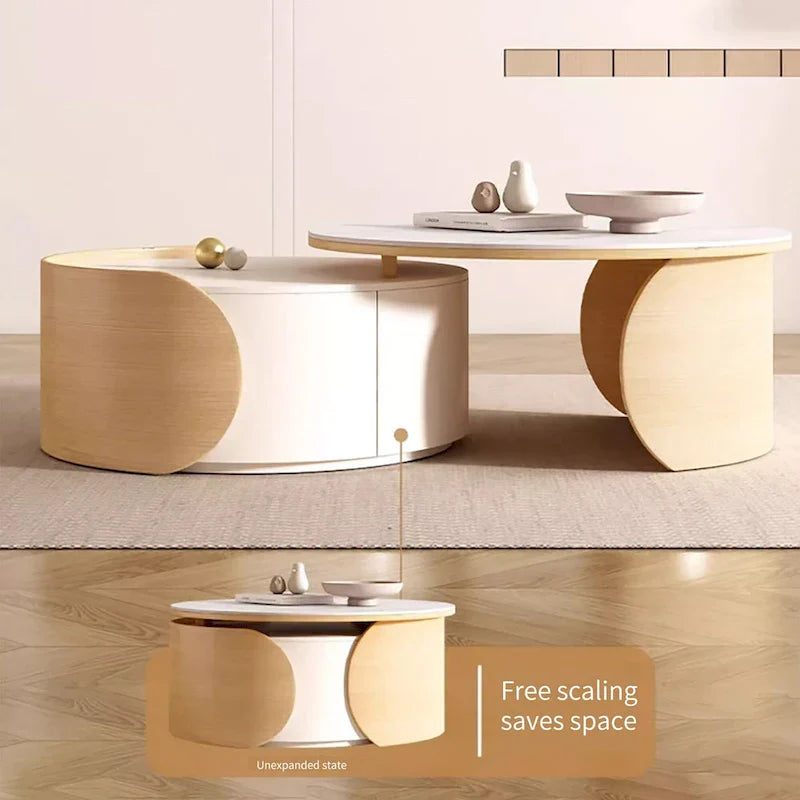 Modern Round Coffee table, Stone Table-top, Natural Wood - 50  x 31.5