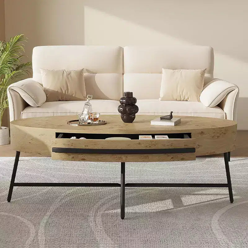 Table basse ovale Acekool avec tiroir, table de rangement en bois de 47,2 avec pieds en métal croisés, table centrale moderne du milieu du siècle en finition bois naturel et saule doré