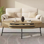 Table basse ovale Acekool avec tiroir, table de rangement en bois de 47,2 avec pieds en métal croisés, table centrale moderne du milieu du siècle en finition bois naturel et saule doré