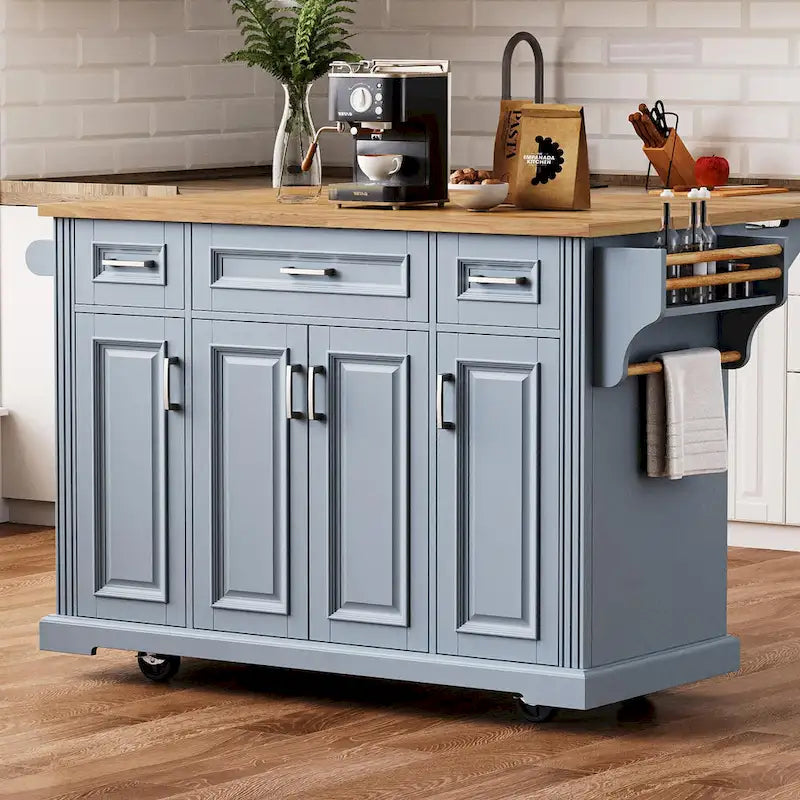 54 Îlot de cuisine grand format avec rallonge rabattable en bois d’hévéa, desserte de cuisine roulante à texture gaufrée sur 4 roulettes avec 4 portes et 3 tiroirs
