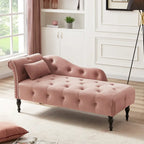 Chaise longue moderna da 60,6" in velluto con bottoni trapuntati, gambe in legno massello e borchie decorative