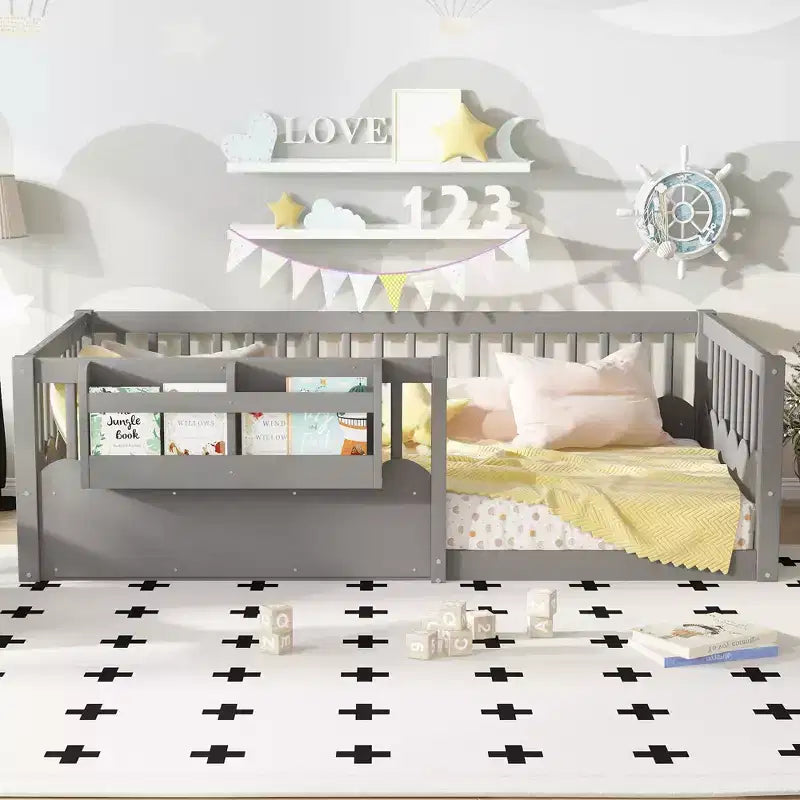 Lit cabane Montessori simple en bois Bellemave pour enfants, avec barrière surélevée et bibliothèque, pour filles et garçons