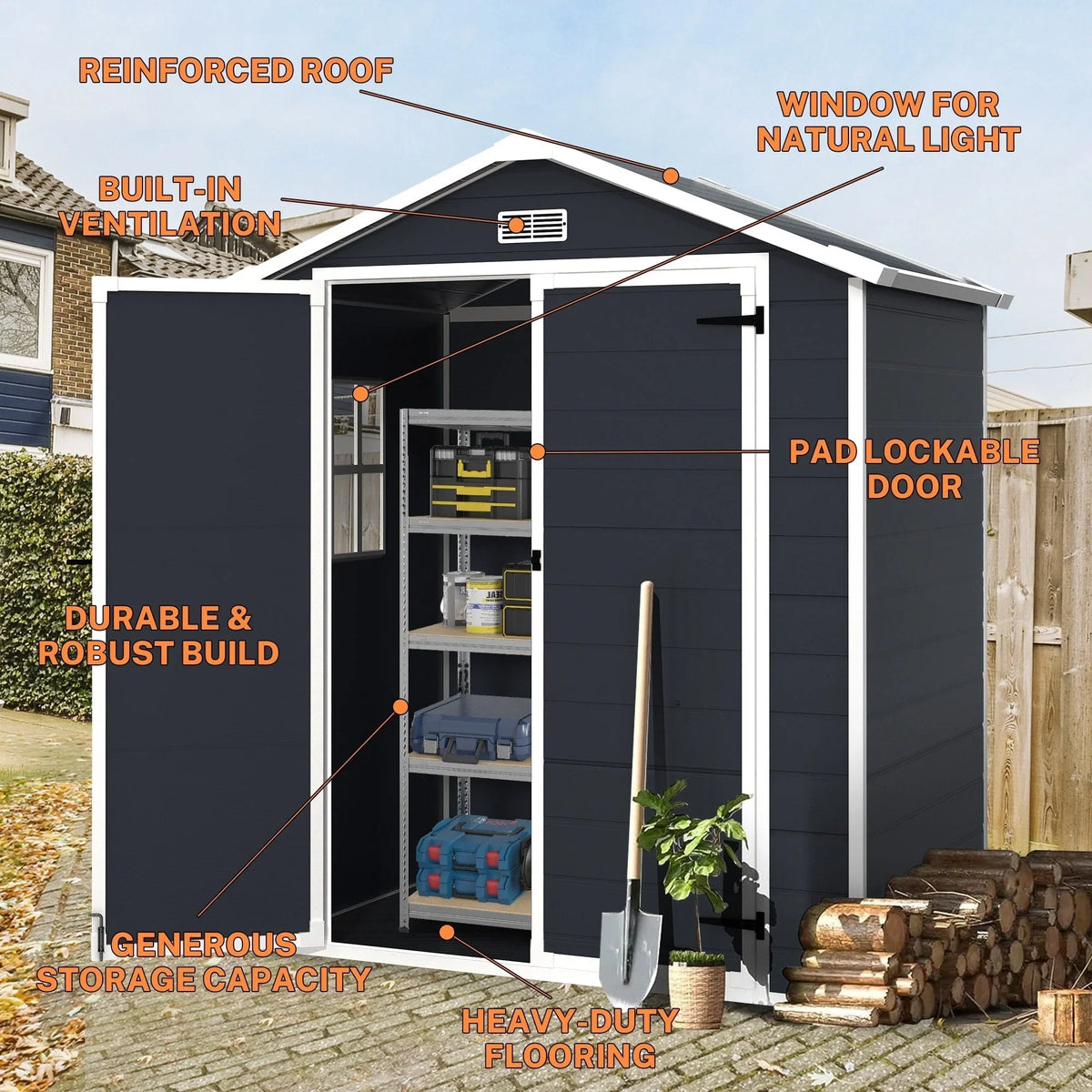 Abri de rangement extérieur en plastique et résine tout temps avec plancher, remise à outils Spire, 6 pi x 4 pi/6 pi x 8 pi/8 pi x 6 pi/8 pi x 10 pi