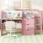 Lit mezzanine bas rose/blanc avec bureau, rangements et tableau blanc - 1 personne, 1 place