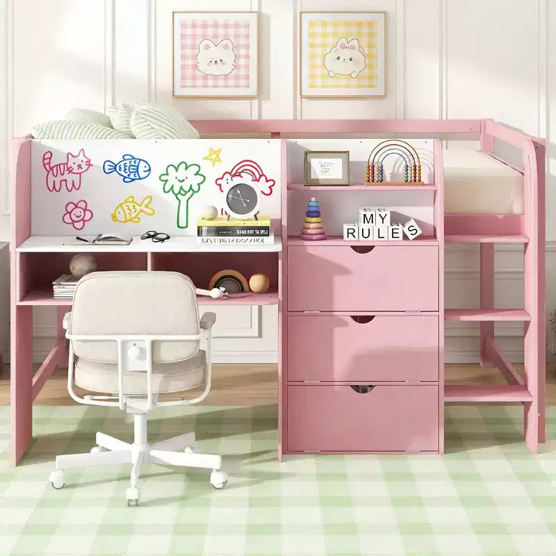 Lit mezzanine bas rose/blanc avec bureau, rangements et tableau blanc - 1 personne, 1 place
