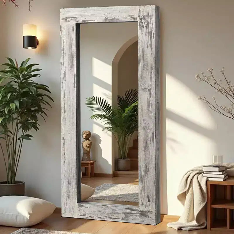 Specchio a figura intera rettangolare ad angolo retto da 71 x 31 pollici in legno massello marrone effetto usato (senza staffa)