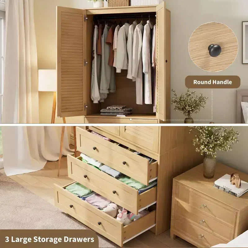 Armadio guardaroba COZONY con 3 cassetti e 2 ante, mobile guardaroba moderno in legno per camera da letto, armadio indipendente bianco resistente