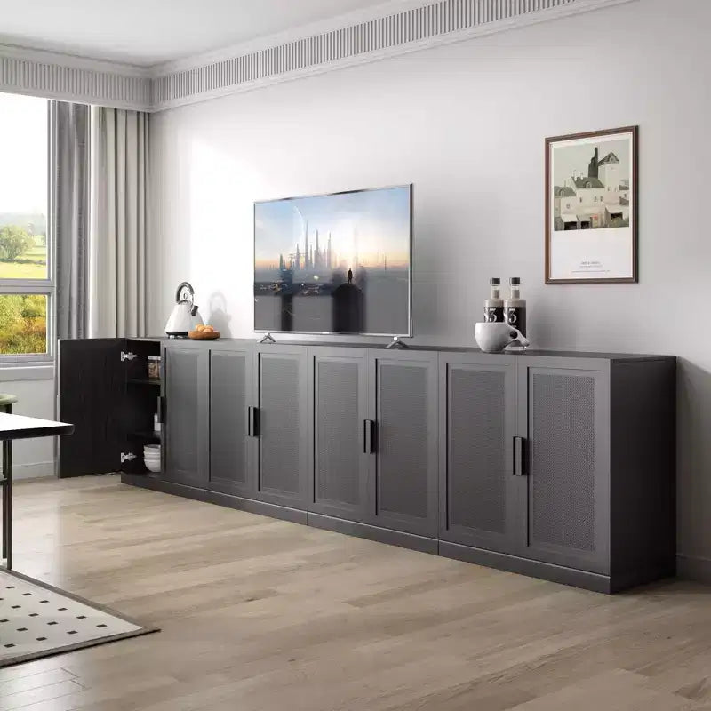 Armoire décorative haute de 62 po à porte en cannage noir, effet grain de bois, avec 12 étagères