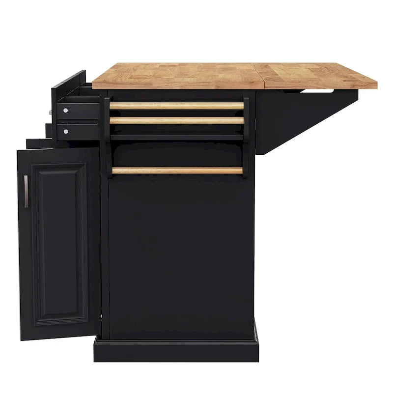 54 Îlot de cuisine grand format avec rallonge rabattable en bois d’hévéa, desserte de cuisine roulante à texture gaufrée sur 4 roulettes avec 4 portes et 3 tiroirs